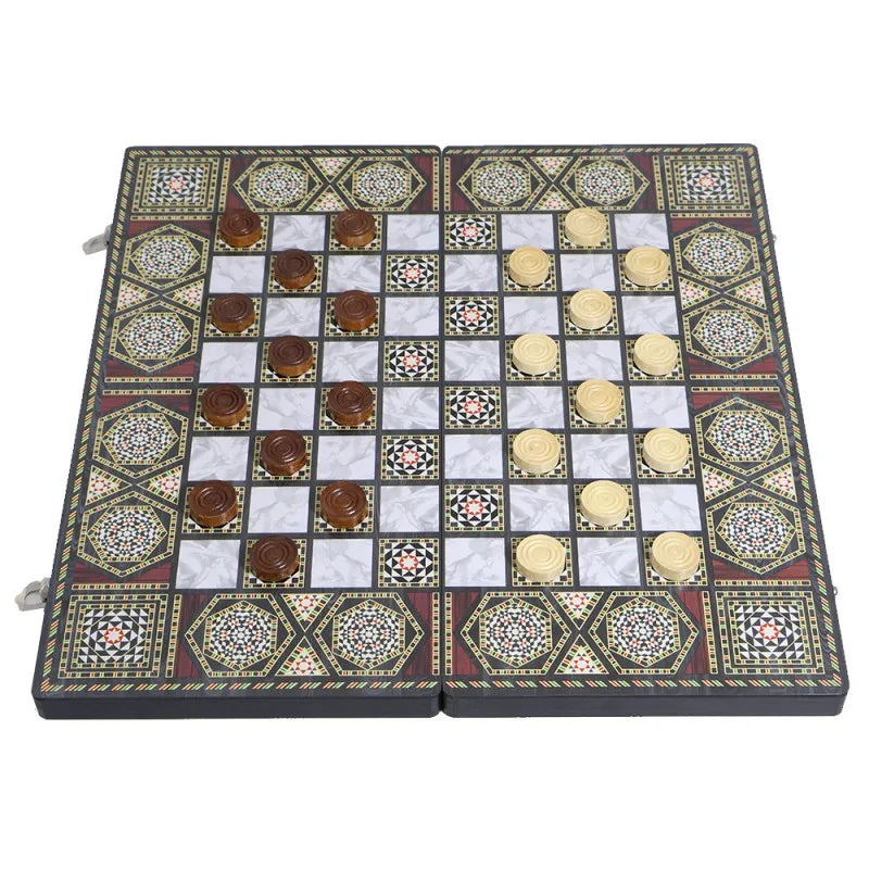 Luxury Knight Wooden 3-in-1 Chess Backgammon Foldable Intellectual Entertainment Game Portable Board Multiple Modes