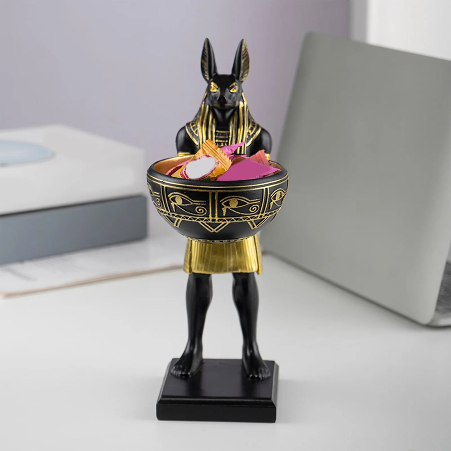 25cm Anubis God Statue Ancient Egypt Art Sculpture with Bowl for Keys/Jewelry Gift for Mythology Lovers & History Buffs