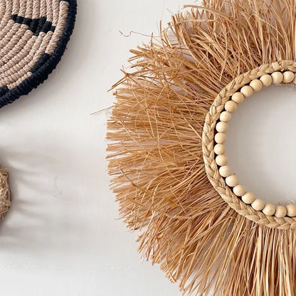 Raffia Woven Wall Hanging, Japanese Moroccan Style Grass Decor for Hotel B&B, Wooden Frame Wall Art