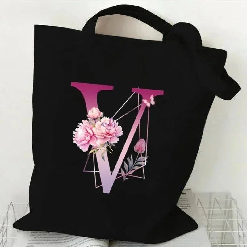 Noir Florale – Black Purple Alphabet Canvas Shoulder Tote
