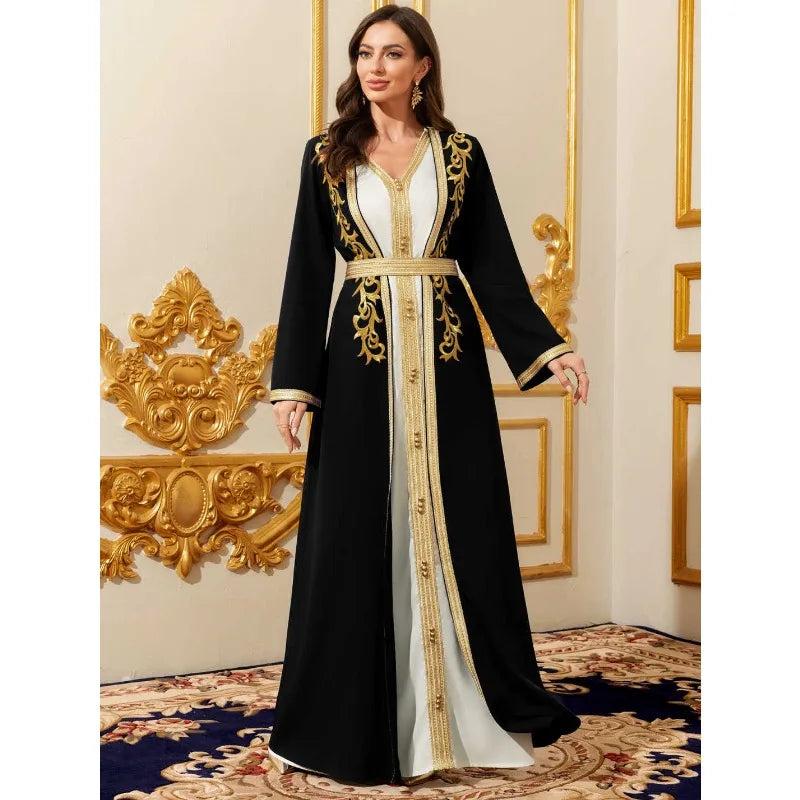 Muslim Sets Women Party Dresses Jalabiya Robe Embroidery Abayas Sashes Ramadan Morocco Dubai Arab Kaftan Vestidos 2 Piece Suit