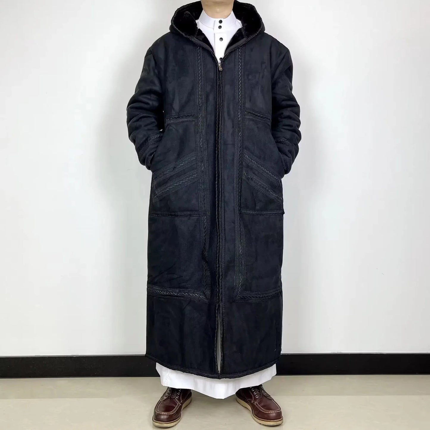 Wholesale Men's Scalp Abaya Men Winter Fur Thicken Suede Men's Robe Cardigan Bisht Muslim Coat Fleece Warm Islam Clothing