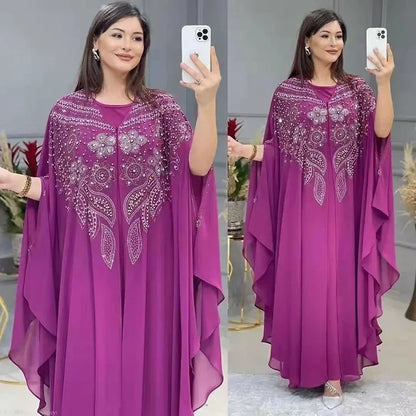 Elegant Moroccan Kaftan Set – 2 Piece Chiffon Abaya Dress