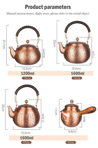 600/1200/1600ml Pure Copper Boiling Tea Kettle Retro Style Handmade Copper Pot Large Capacity Health Care Teapot Boiling Kettle