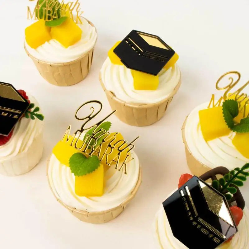 Muslim Umrah Mubarak 6pcs Topper Set in Gold, Great for Ramadan Cake and Cupcake Decorations