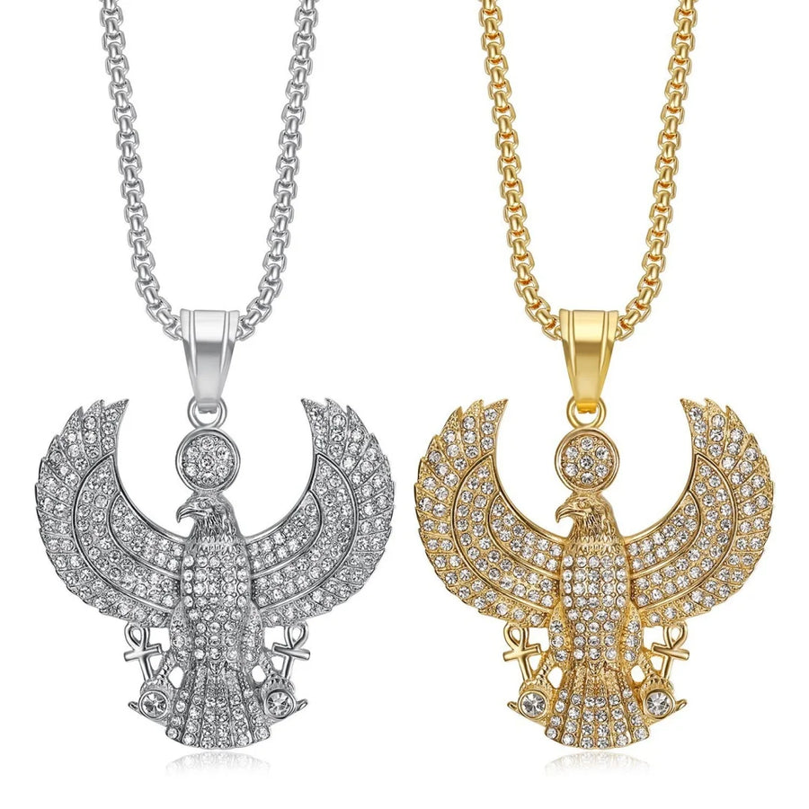Iced Out Egyptian Ankh & Eagle Pendant – Stainless Steel Pharaoh Necklace for Men & Women