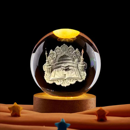 Ramadan Glowing Mosque Crystal Ball Ornament Islamic 3D Home Interior Party Desk Rotating Decoration Figurines Atmosphere Gifts