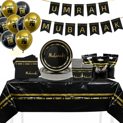 Eid Mubarak Ramadan Kareem Party Black Gold Paper Plates Cup Napkins Mubarak Umrah Banner for Islamic Muslim Festival Decoration