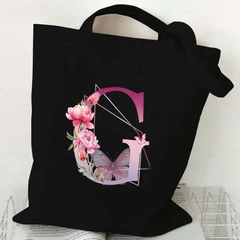Noir Florale – Black Purple Alphabet Canvas Shoulder Tote