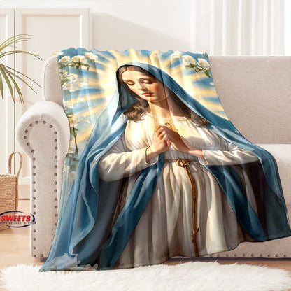 6 Size Merciful Virgin Mary Flannel Art Blanket, Home Sofa Office Nap Blanket for Four Seasons, Machine Washable Flannel Blanket