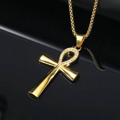 Gold Ankh Cross Pendant – Stainless Steel Key of Life Necklace for Men & Women