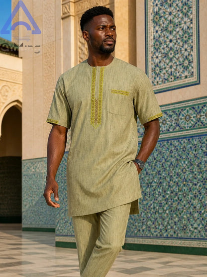 QiMing Men's Cotton Muslim Wedding Clothing Two-Piece White Boubou with Embroidery And Stripe Caftan Moroccan Modest Prayerwear