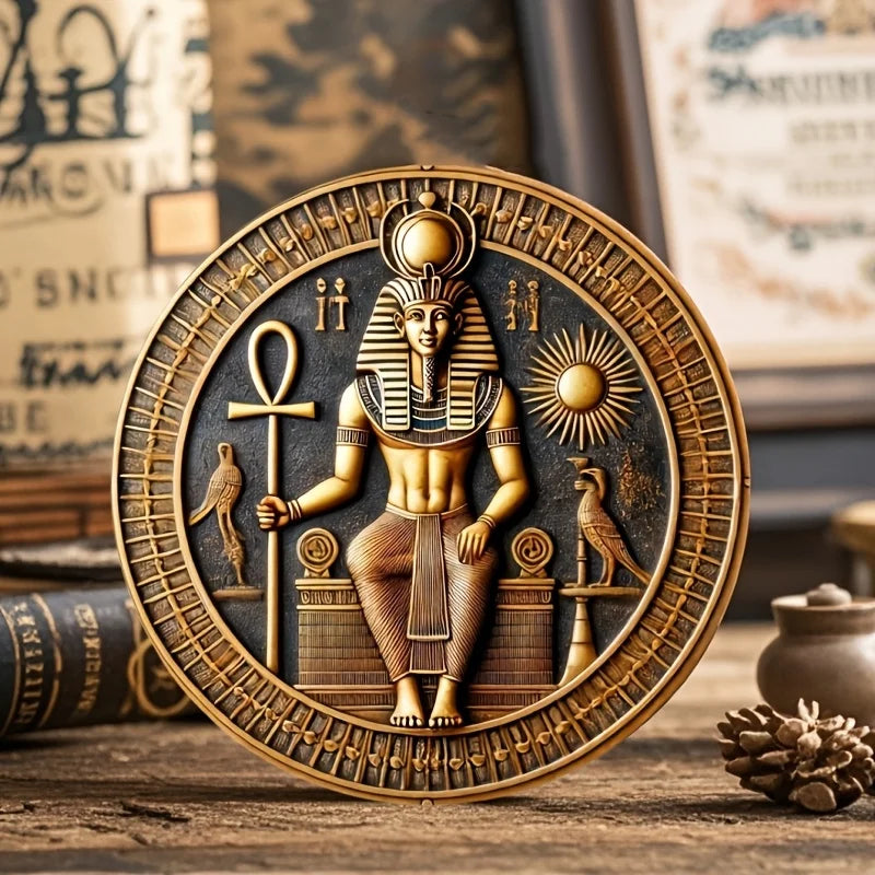 Round Wooden Pharaoh & Ankh Amon Wall Sign – 7.87-Inch Egyptian Heritage Decor
