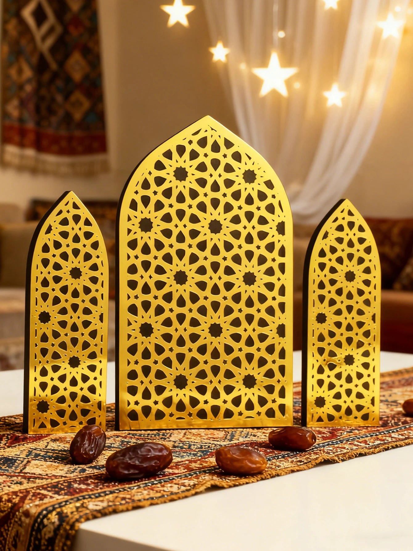 3Pcs/Set Islamic Geometric Arch Decor Golden & Floral Acrylic Table Ornaments Wooden Festive Home Decor for Ramadan & Eid Gifts
