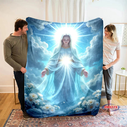 6 Size Merciful Virgin Mary Flannel Art Blanket, Home Sofa Office Nap Blanket for Four Seasons, Machine Washable Flannel Blanket