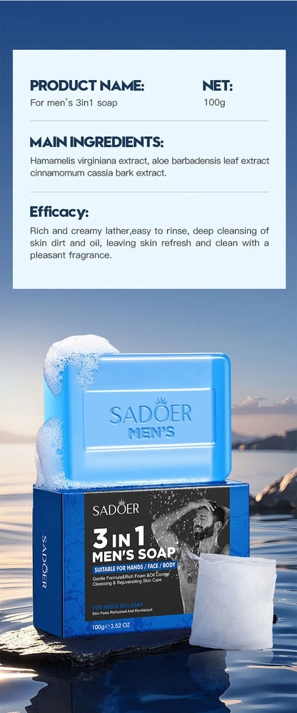 Men'S Three In One Bath Perfume Soap Witch Hazel Aloe Moisturizing Oil Control Vegetable Essential Oil Soap Facial Cleanser Hand