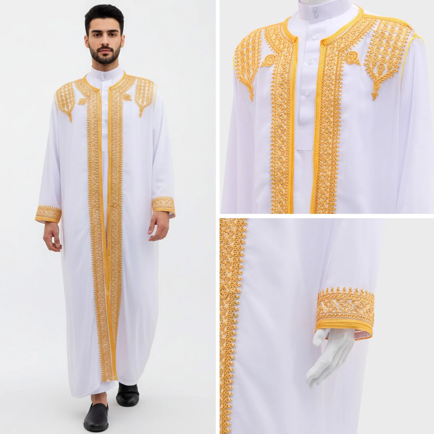 Traditional Arab Men's Robe Thobe Embroidered Dress Middle Eastern Ethnic Jubba Thobes Eid Djellaba Kimono Abaya Thoub Dishdasha
