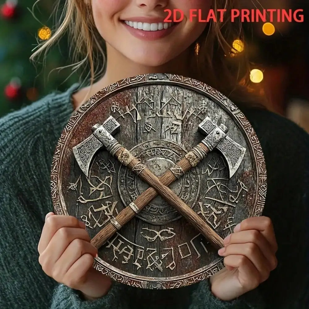 Viking Shield Axe Wall Art Decor 8" Iron Plaque for Outdoor Indoor Viking Theme