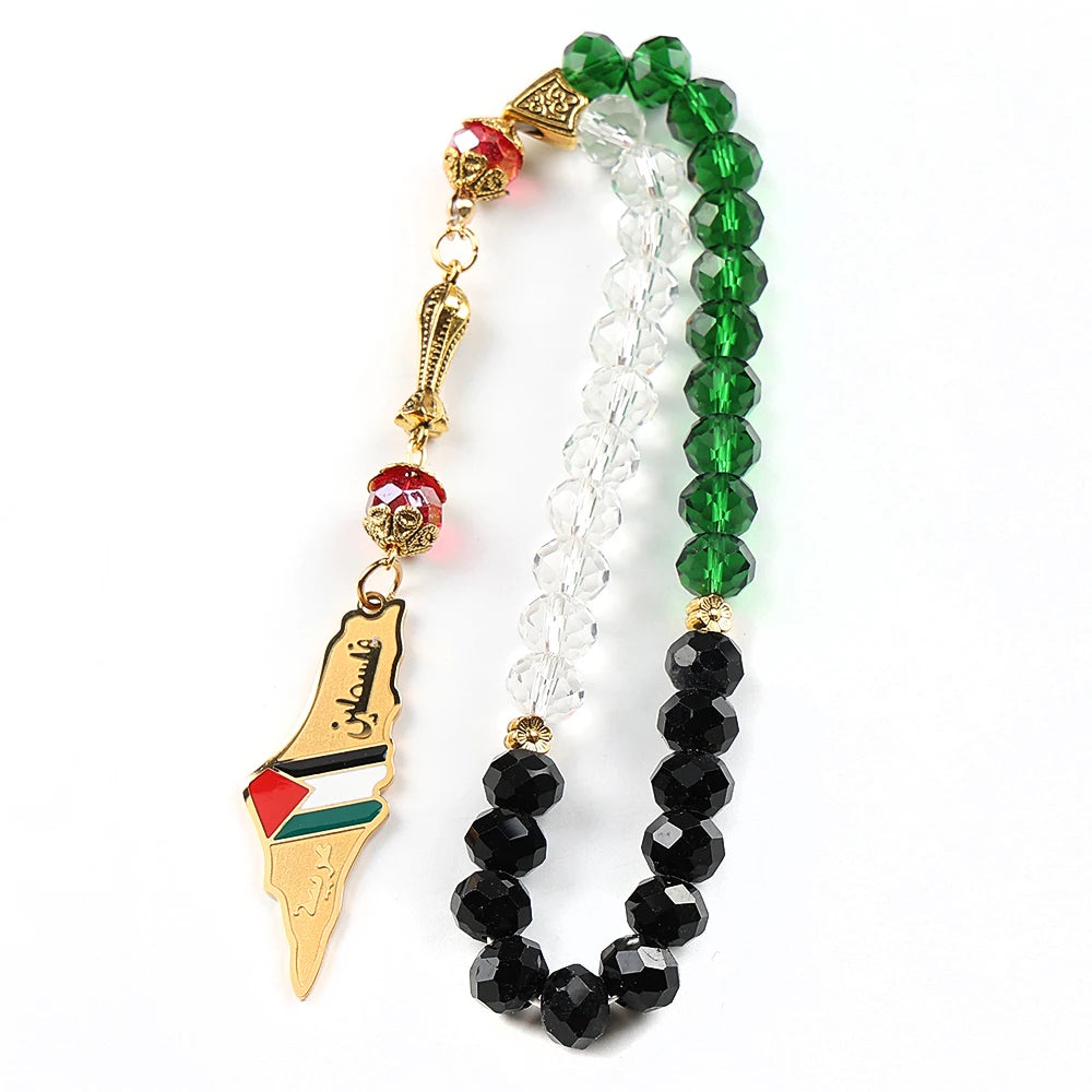 Palestine Map Flag Arabic Letter Car Pendant for Women Men Stainless Steel Silver Color Country Colorful Prayer Beads Jewelry