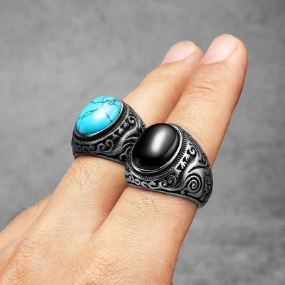 Vintage Black Turquoise Carved Men Rings Stainless Steel Punk Rock Luxury Fashion Jewelry Accessories For Women Gift Wholesale