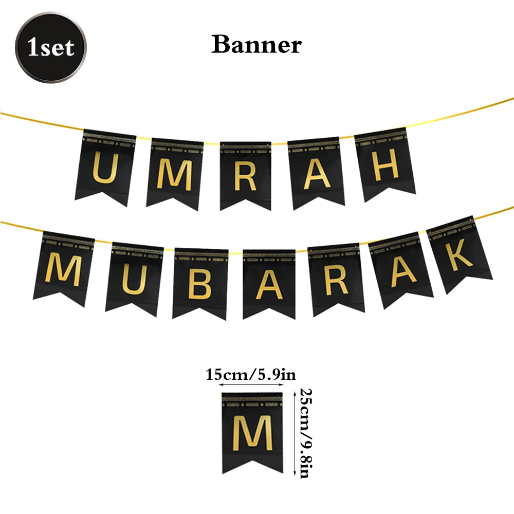 Eid Mubarak Ramadan Kareem Party Black Gold Paper Plates Cup Napkins Mubarak Umrah Banner for Islamic Muslim Festival Decoration