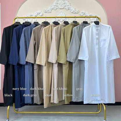 Polyester men's long robe, Qatar style stand collar robe, pocket design, Arabian and Middle Eastern men's clothing, available in