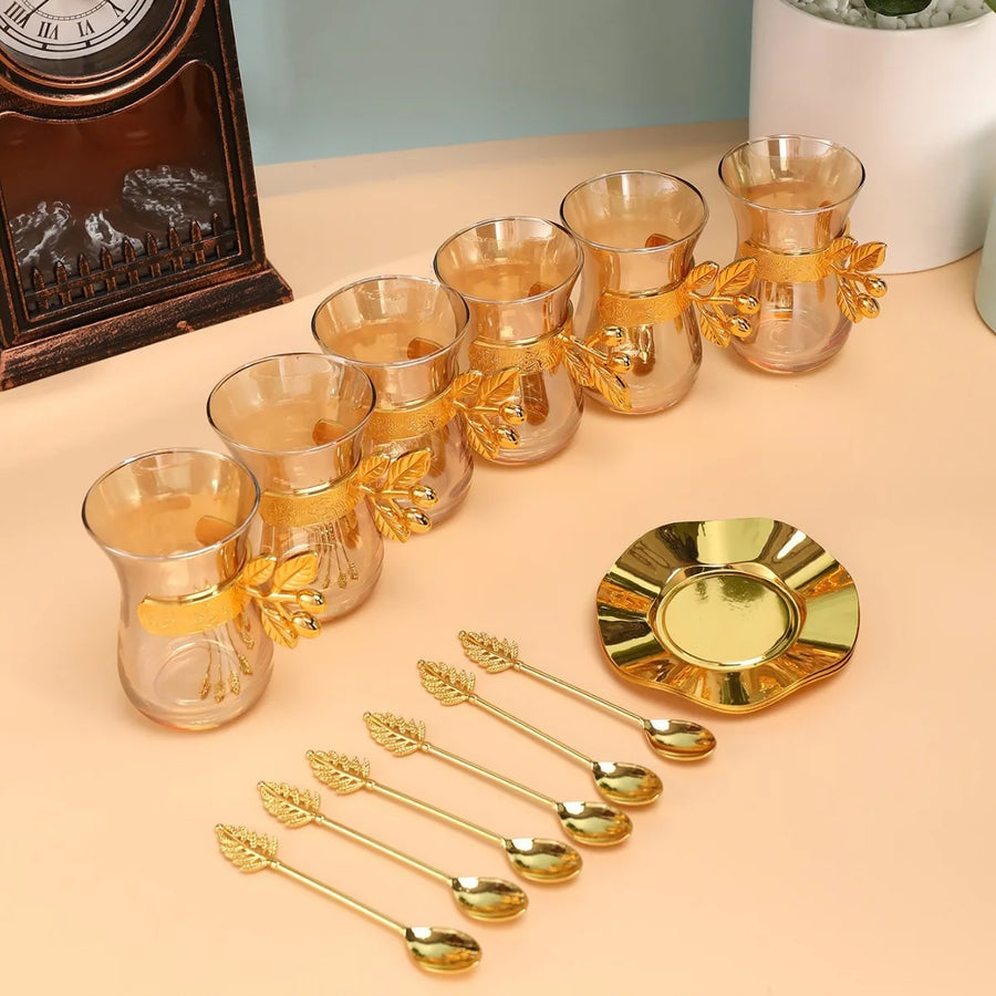 Luxury Gold Turkish Coffee Set – Cups, Saucers & Teaspoons, Black Tea Glass Collection