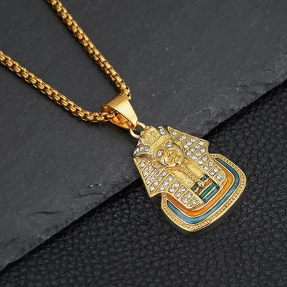 Iced Out Pharaoh Pendant – Gold-Tone Stainless Steel Egyptian Necklace for Men & Women