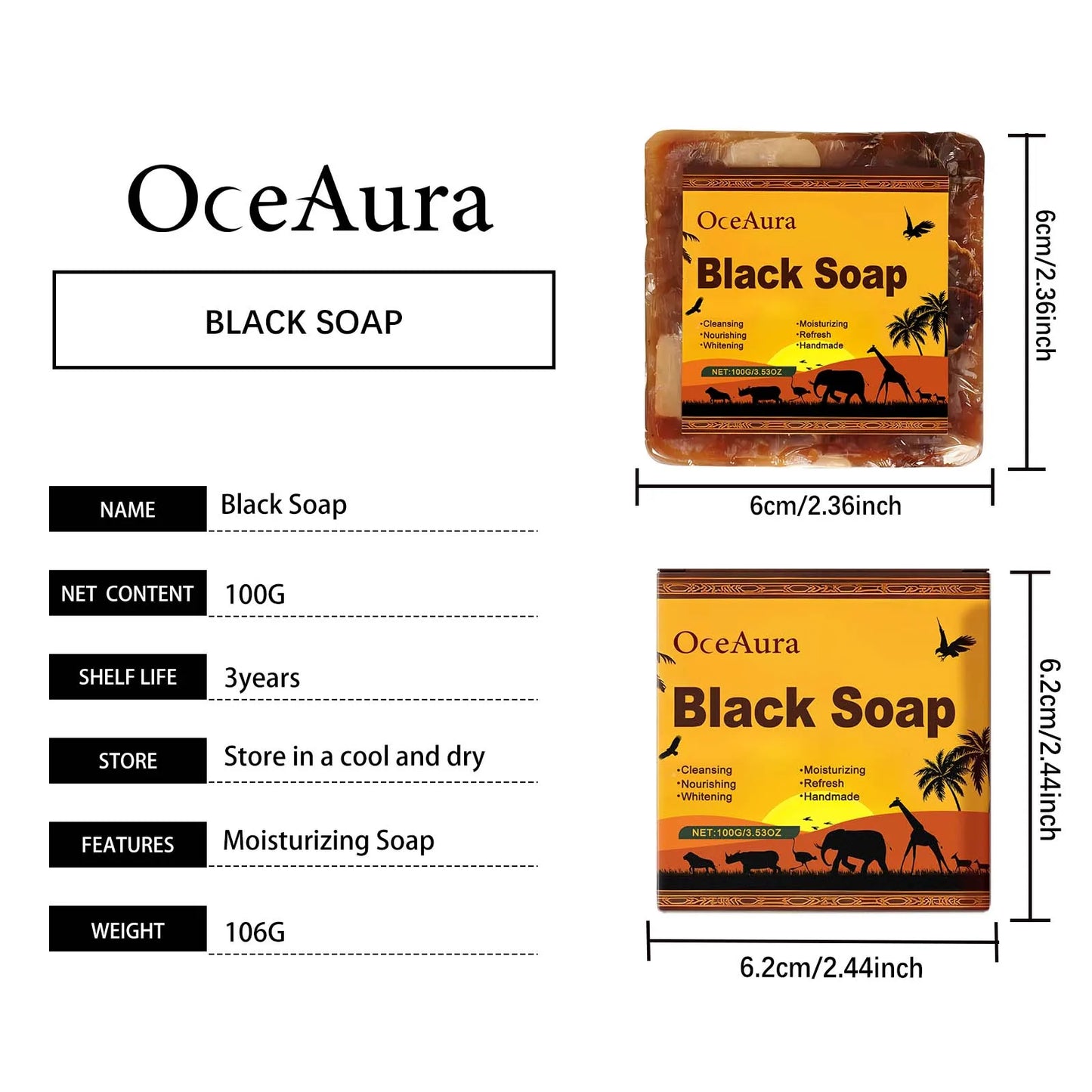 OceAura Lightening Black Soap Oil Control Pore Shrinking Moisturizing Skin Handmade Organic Cocoa Butter Body Cleaning Soap Bar