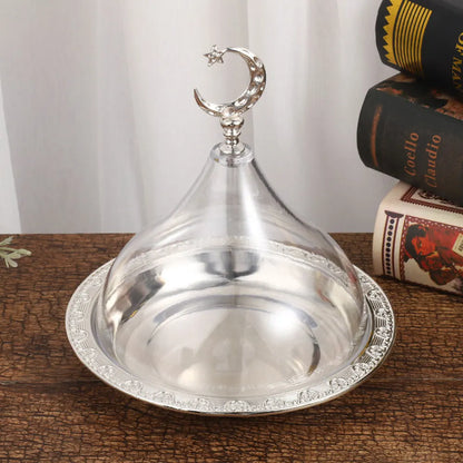 Ramadan Cake Tray with Clear Dome Lid Eid Metal Eid Mubarak Candy Tray Reusable Dessert Box Food Storage Organizer Nuts, Candies