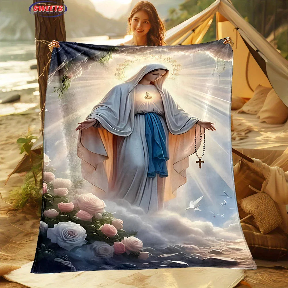 6 Size Merciful Virgin Mary Flannel Art Blanket, Home Sofa Office Nap Blanket for Four Seasons, Machine Washable Flannel Blanket