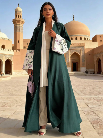Chic Forest Green Open-Front Abaya Floral Embroidered Cuffs Set Women Muslim Moroccan Kaftan Ramadan Islam Dubai Arabic Robes