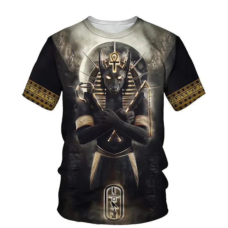 Golden Pharaoh & Anubis T-Shirt – Men's Egyptian Print O-Neck Short Sleeve Tee