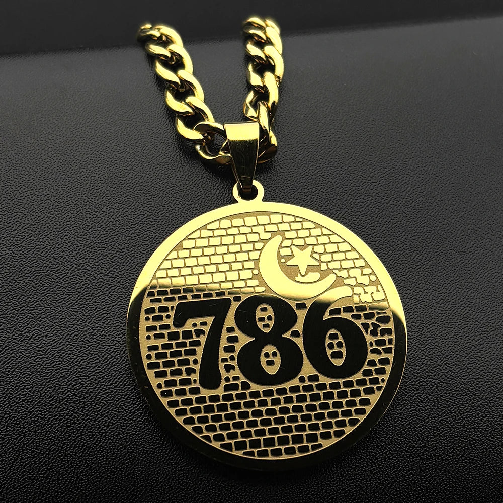 Muslim Arabic 786 Allah God Name Quran Stainless Steel Necklaces Wommen Men Islamic Talisman Star Crescent Moon Pendant Jewelry