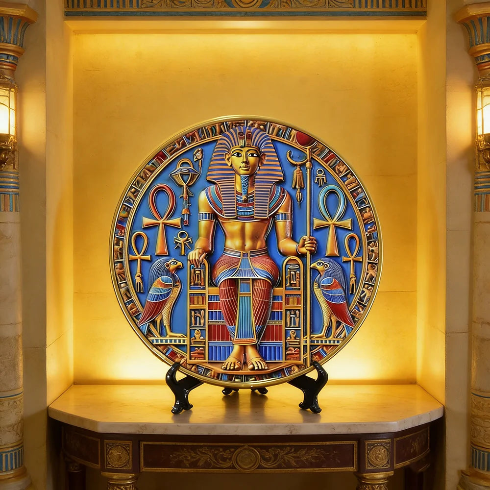 Pharaoh Circular Relief Plaque – 20cm Egyptian Pyramid Resin Desktop Decor