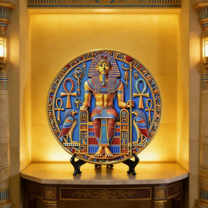 Pharaoh Circular Relief Plaque – 20cm Egyptian Pyramid Resin Desktop Decor