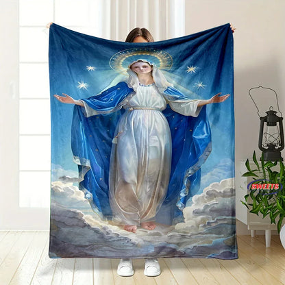6 Size Merciful Virgin Mary Flannel Art Blanket, Home Sofa Office Nap Blanket for Four Seasons, Machine Washable Flannel Blanket