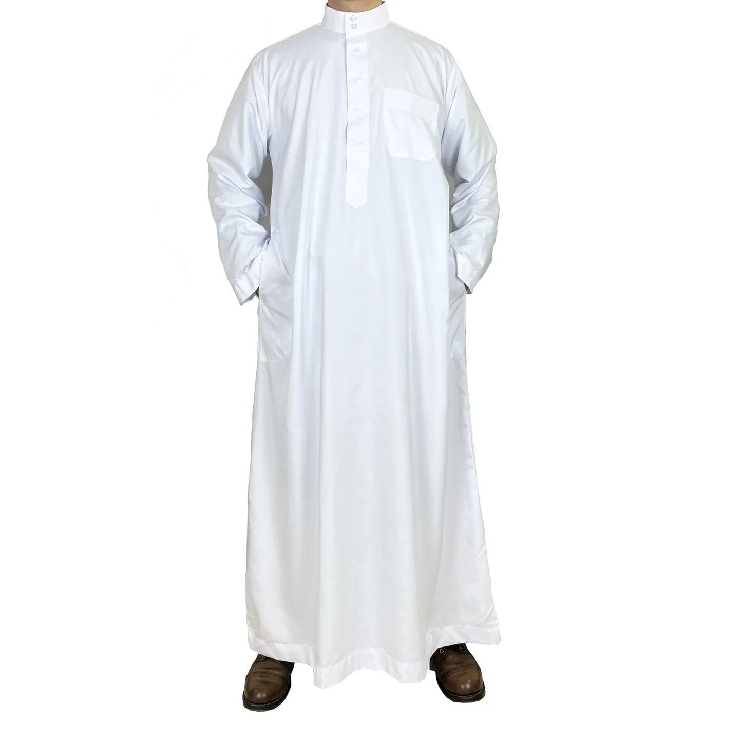 Polyester men's long robe, Qatar style stand collar robe, pocket design, Arabian and Middle Eastern men's clothing, available in