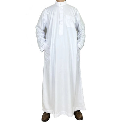 Polyester men's long robe, Qatar style stand collar robe, pocket design, Arabian and Middle Eastern men's clothing, available in