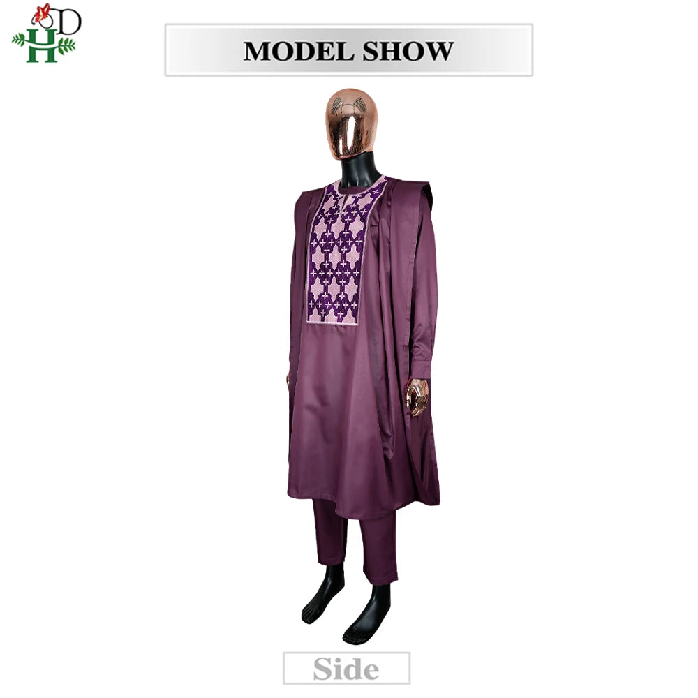 H&D Men Casual Loose Kaftan Muslim Thobe Jubba Dishdasha Thawb Dress 3PCS Agbada Set Arab Purple Color Embroidered Robe New 2026