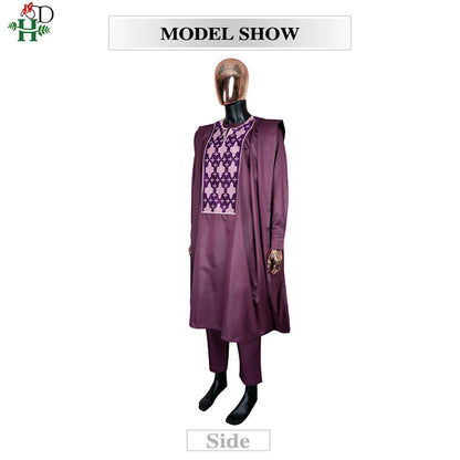 H&D Men Casual Loose Kaftan Muslim Thobe Jubba Dishdasha Thawb Dress 3PCS Agbada Set Arab Purple Color Embroidered Robe New 2026