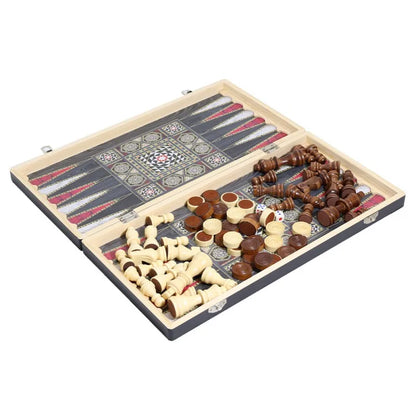 Luxury Knight Wooden 3-in-1 Chess Backgammon Foldable Intellectual Entertainment Game Portable Board Multiple Modes