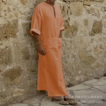 2026 New Muslim Robe Solid Color Retro Arab Islamic Clothing Men Dress Casual Cotton Linen Long Kaftan Middle East Caftan Abayas