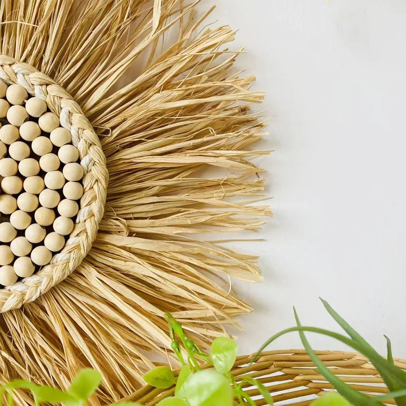 Raffia Woven Wall Hanging, Japanese Moroccan Style Grass Decor for Hotel B&B, Wooden Frame Wall Art