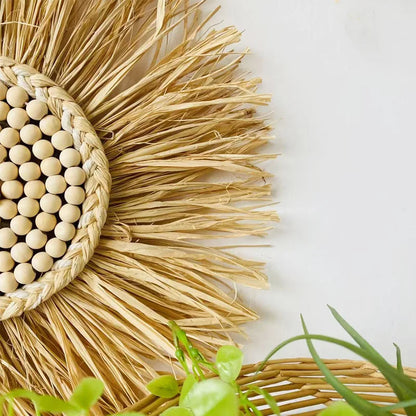 Raffia Woven Wall Hanging, Japanese Moroccan Style Grass Decor for Hotel B&B, Wooden Frame Wall Art