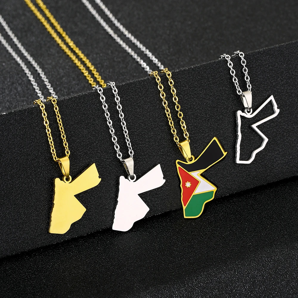 Jordan Map & Flag Pendant Necklace – Stainless Steel Men's & Women's Jewelry