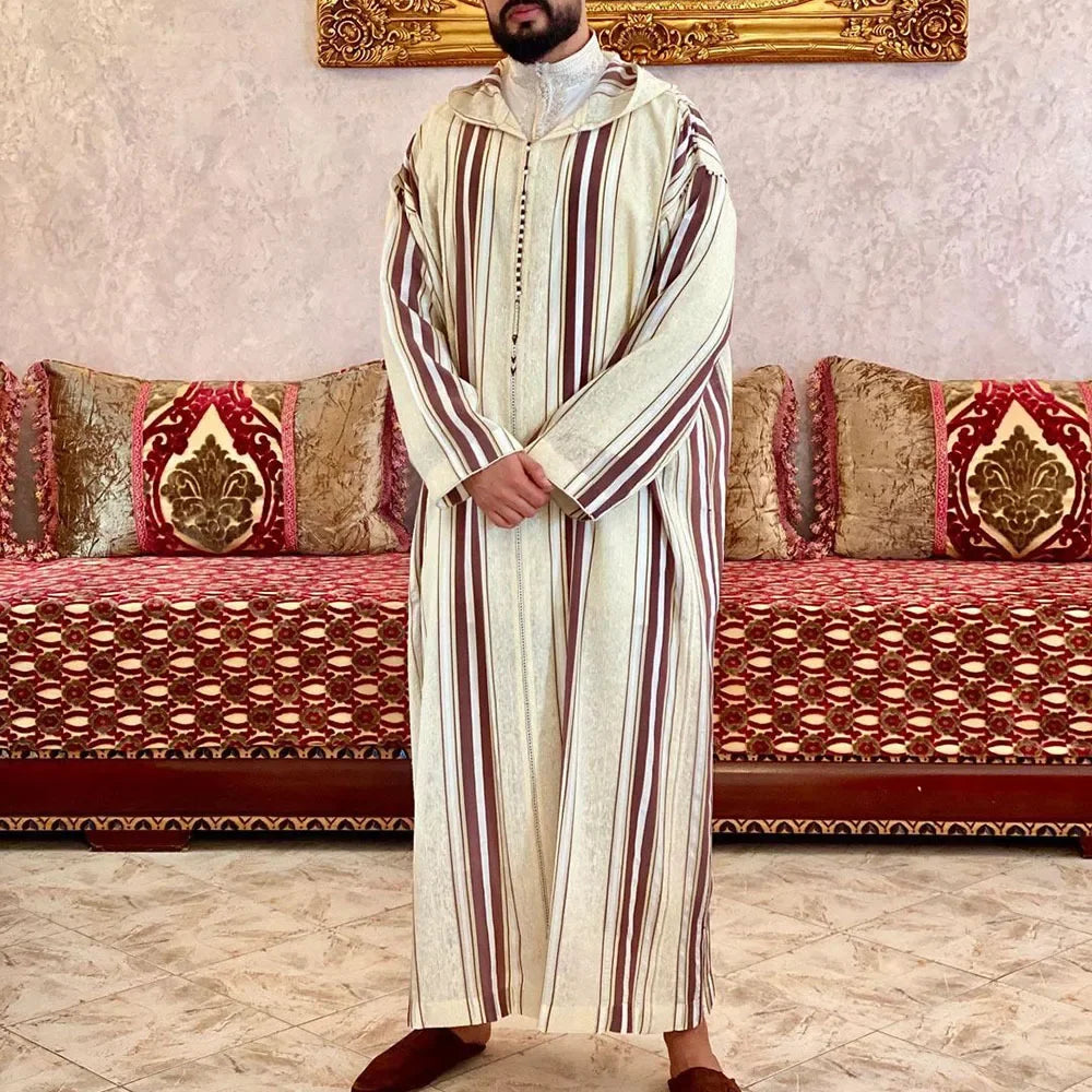 New Muslim Jubba Thobe Clothes Men Hoodie Ramadan Spring Autumn Abaya Dubai Turkey Islamic Clothing Male Casual Loose Red Stripe