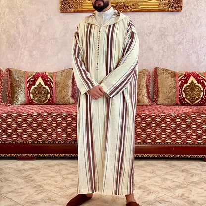 New Muslim Jubba Thobe Clothes Men Hoodie Ramadan Spring Autumn Abaya Dubai Turkey Islamic Clothing Male Casual Loose Red Stripe