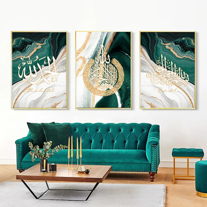 3pcs/Set Marble Green Gold Posters Islamic Calligraphy Canvas Print Allah Name Arabic Art Painting Muslim Pictures Home Decor