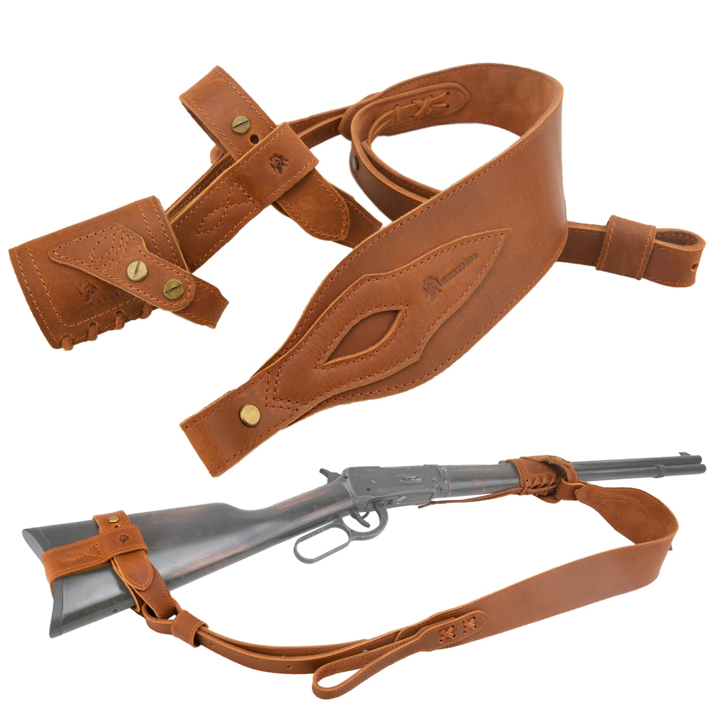 WAYNE'S DOG 1 Combo LeatherRifle Gun No Drill Harnessed Buttstock Holder with Barrel Mount with Matched Gun Sling Shoulder Strap